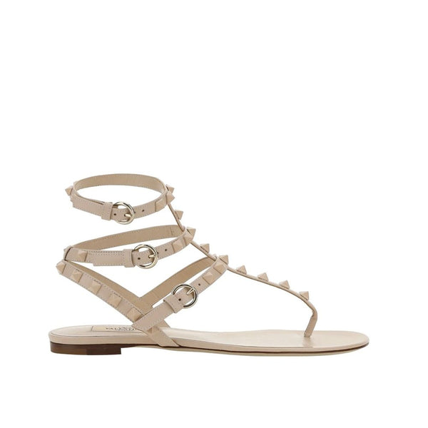 Valentino Garavani Rockstud Flip-Flop Sandals – Beige Leather Flat Sandals for Women