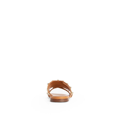 Valentino Garavani Rockstud Flat Sandals – Brown Camel Leather Studded Slides for Women
