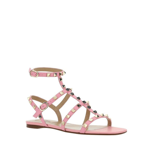Valentino Garavani Rockstud Sandals – Pink Leather Flat Sandals for Women
