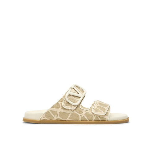 Valentino Garavani Toile Iconographe Flat Sandals for Women – Beige Fabric with Monogram and Leather Insole