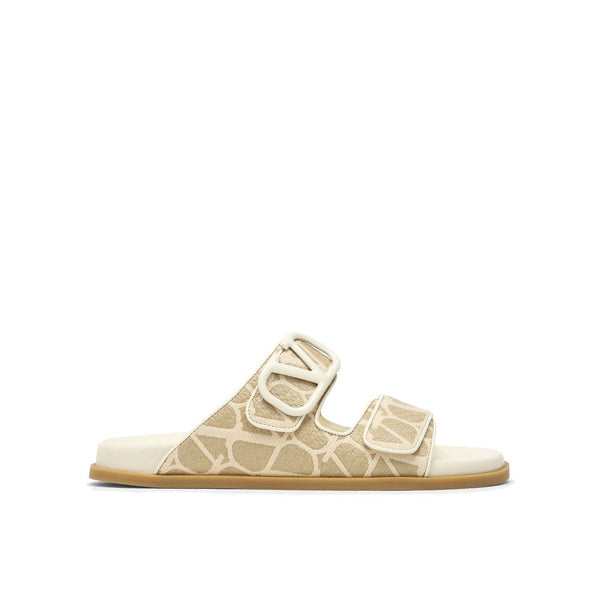 Valentino Garavani Toile Iconographe Flat Sandals for Women – Beige Fabric with Monogram and Leather Insole