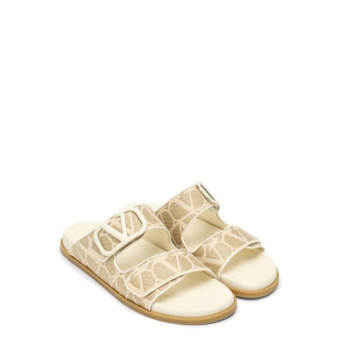 Valentino Garavani Toile Iconographe Flat Sandals for Women – Beige Fabric with Monogram and Leather Insole