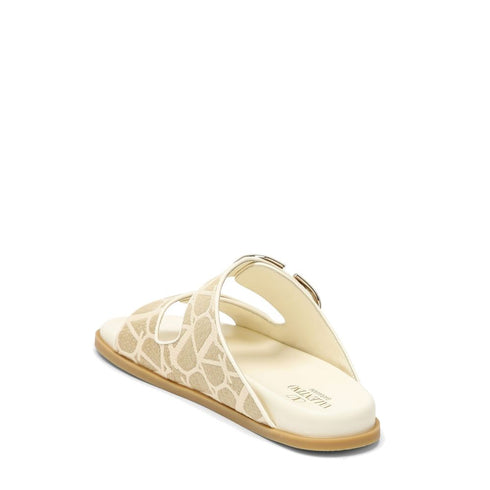 Valentino Garavani Toile Iconographe Flat Sandals for Women – Beige Fabric with Monogram and Leather Insole