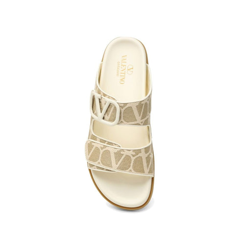 Valentino Garavani Toile Iconographe Flat Sandals for Women – Beige Fabric with Monogram and Leather Insole