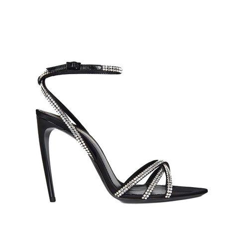 Saint Laurent Ava Black Rhinestone Silk Stiletto Sandals for Women – Designer Evening High Heels
