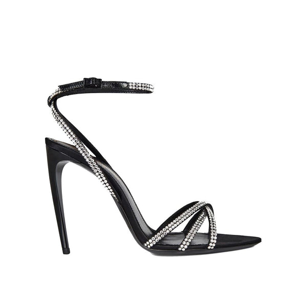 Saint Laurent Ava Black Rhinestone Silk Stiletto Sandals for Women – Designer Evening High Heels