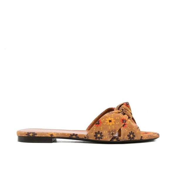 Saint Laurent Bianca Knotted Suede Slides – Women’s Leather Floral Flat Sandals