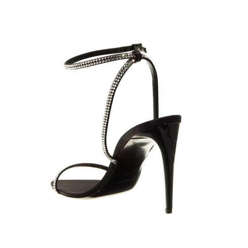 Saint Laurent Ava Black Rhinestone Silk Stiletto Sandals for Women – Designer Evening High Heels