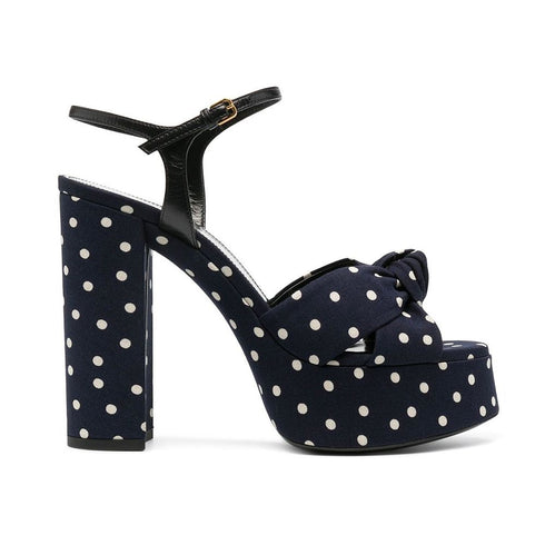 Saint Laurent Bianca Platform Sandals – Navy Blue Polka-Dot Cotton High Heels for Women
