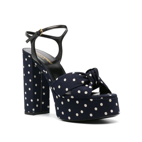 Saint Laurent Bianca Platform Sandals – Navy Blue Polka-Dot Cotton High Heels for Women