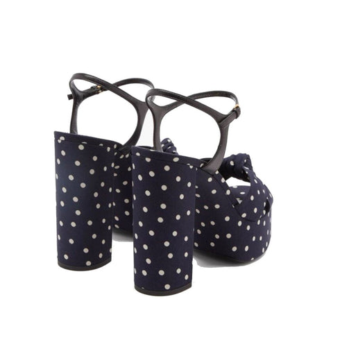 Saint Laurent Bianca Platform Sandals – Navy Blue Polka-Dot Cotton High Heels for Women