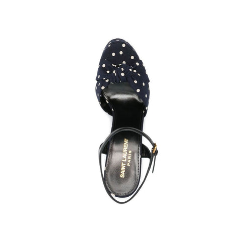 Saint Laurent Bianca Platform Sandals – Navy Blue Polka-Dot Cotton High Heels for Women