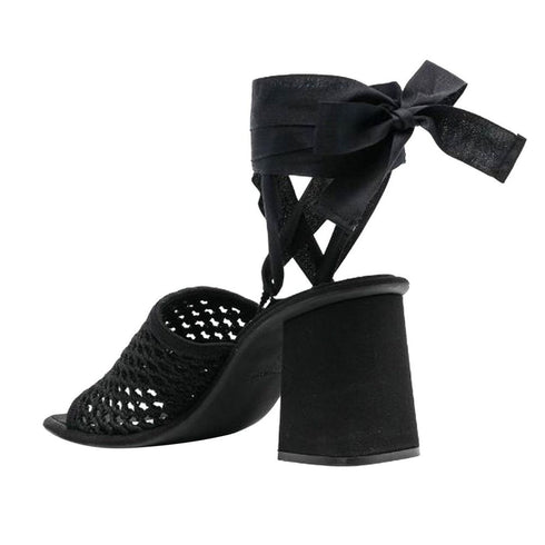 Miu Miu Black Macramé Lace-Up Block Heel Sandals for Women