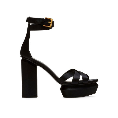 Balmain Ava Platform Sandals Black Silk High Heel Open Toe Shoes for Women