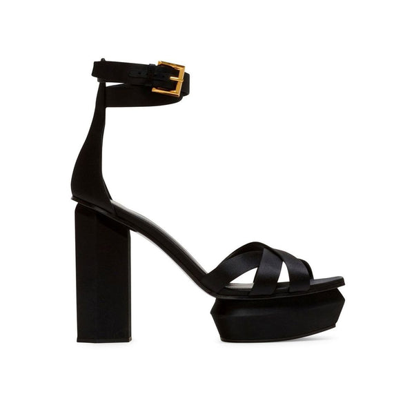 Balmain Ava Platform Sandals Black Silk High Heel Open Toe Shoes for Women