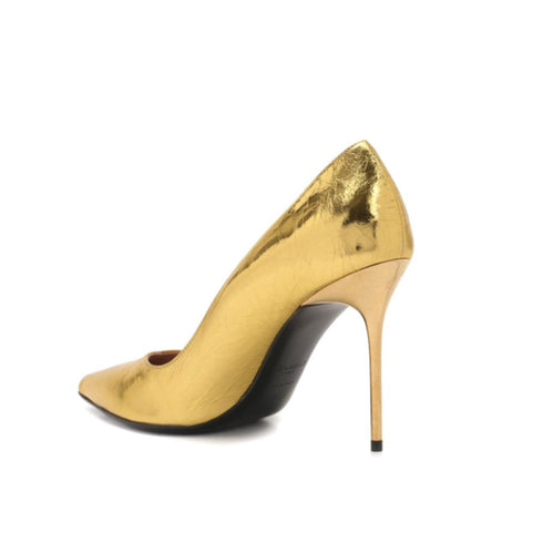 Balmain Gold Leather Stiletto Heels Pumps with Wrinkled Effect – Women’s Shoes