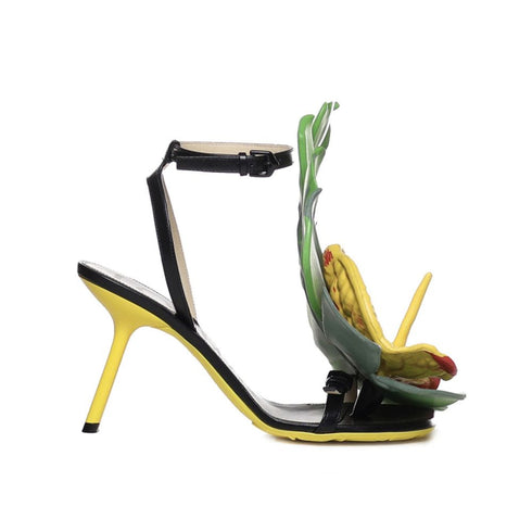 Loewe Petal Monstera Sandals Black Yellow Leather Women’s Heels