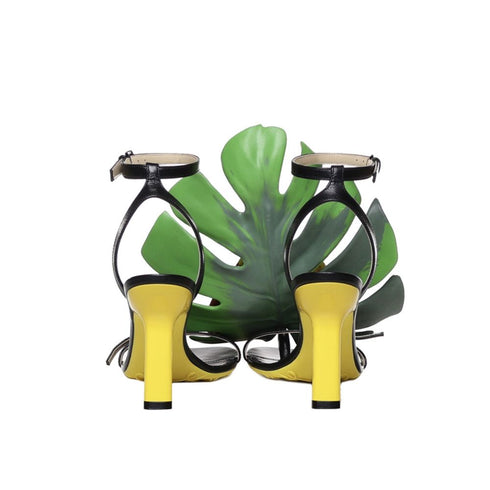 Loewe Petal Monstera Sandals Black Yellow Leather Women’s Heels