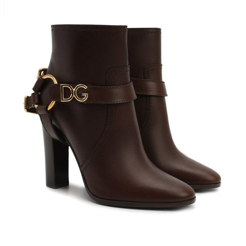 Dolce & Gabbana Brown Leather Ankle Boots with DG Logo – Women’s