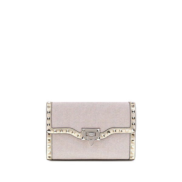Valentino Garavani Small Rockstud Shoulder Bag – Beige Canvas & Gold Leather – Women