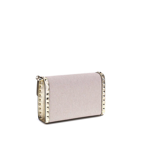 Valentino Garavani Small Rockstud Shoulder Bag – Beige Canvas & Gold Leather – Women