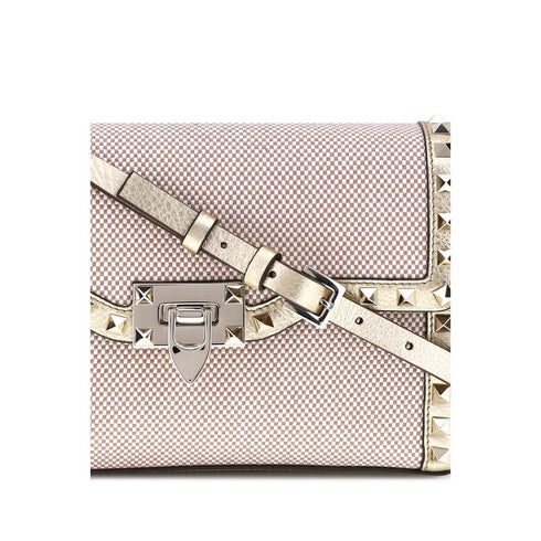 Valentino Garavani Small Rockstud Shoulder Bag – Beige Canvas & Gold Leather – Women