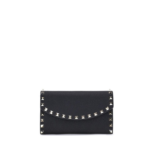 Valentino Garavani Rockstud Wallet with Chain in Black Calf Leather for Women