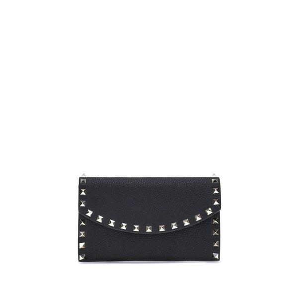 Valentino Garavani Rockstud Wallet with Chain in Black Calf Leather for Women