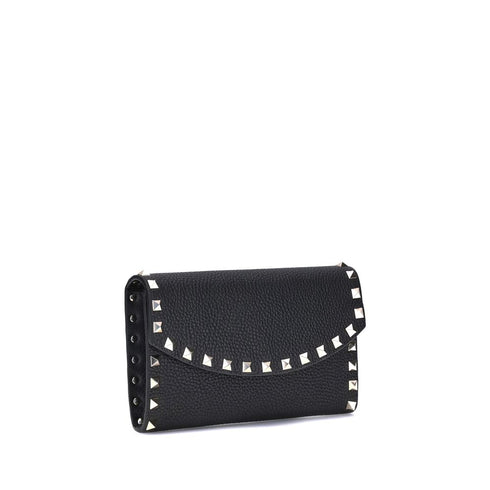 Valentino Garavani Rockstud Wallet with Chain in Black Calf Leather for Women