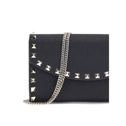Valentino Garavani Rockstud Wallet with Chain in Black Calf Leather for Women