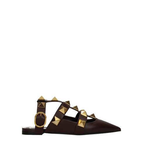 Valentino Garavani Women's Brown Leather Studded Flat Sandals