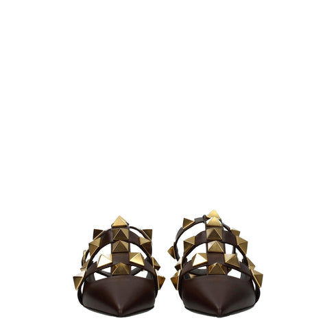 Valentino Garavani Women's Brown Leather Studded Flat Sandals