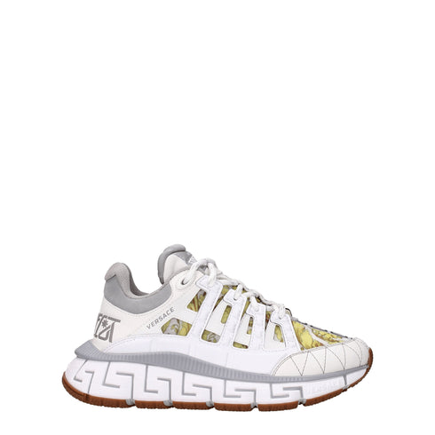 Versace White and Grey Leather Sport Sneakers Shoes with Logo Detail for Women