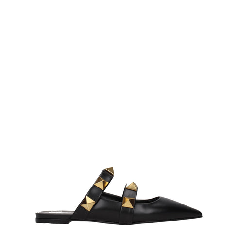Valentino Garavani Black Leather Studded Mules Sandals – Women’s Flat Slip-On Shoes