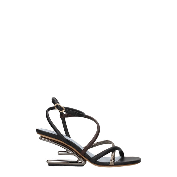Fendi Women's Black Brown Silver Leather Mid Heel Flat Sandals