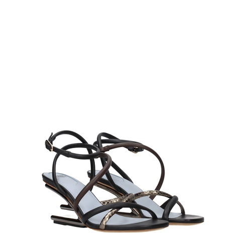 Fendi Women's Black Brown Silver Leather Mid Heel Flat Sandals