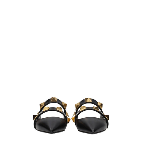 Valentino Garavani Black Leather Studded Mules Sandals – Women’s Flat Slip-On Shoes