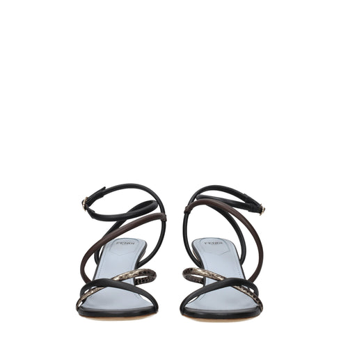 Fendi Women's Black Brown Silver Leather Mid Heel Flat Sandals
