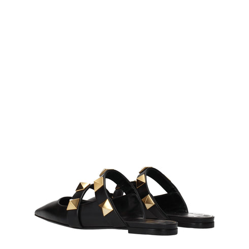 Valentino Garavani Black Leather Studded Mules Sandals – Women’s Flat Slip-On Shoes