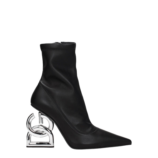 Dolce & Gabbana Black Leather Ankle Boots with Silver Logo Heel – Women’s