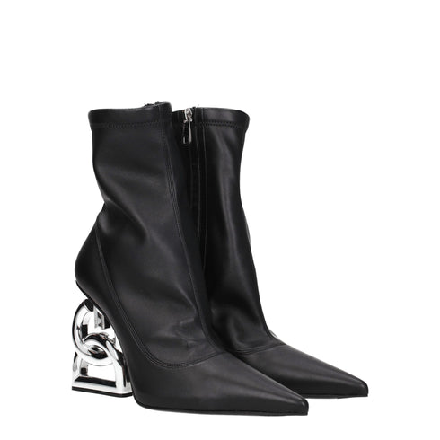Dolce & Gabbana Black Leather Ankle Boots with Silver Logo Heel – Women’s