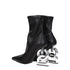 Dolce & Gabbana Black Leather Ankle Boots with Silver Logo Heel – Women’s