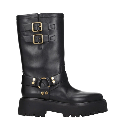 Celine Harness Mid-Calf Boots in Black Leather with Gold Buckles – Women's