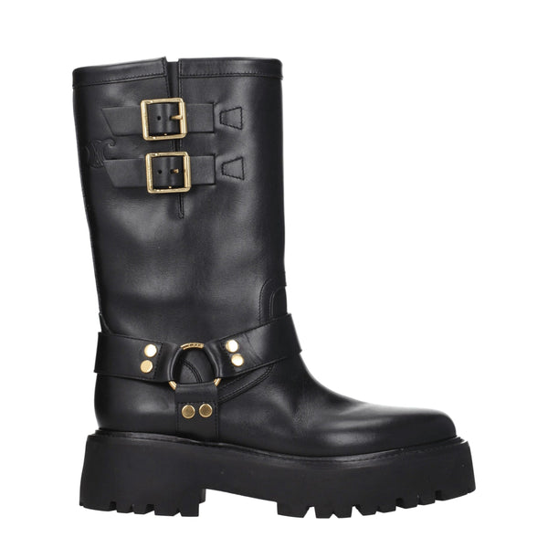 Celine Harness Mid-Calf Boots in Black Leather with Gold Buckles – Women's