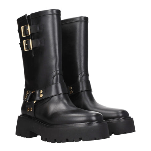 Celine Harness Mid-Calf Boots in Black Leather with Gold Buckles – Women's