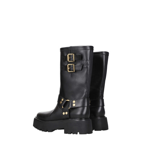 Celine Harness Mid-Calf Boots in Black Leather with Gold Buckles – Women's