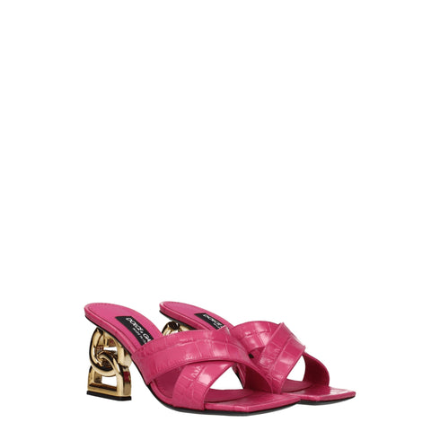 Dolce & Gabbana Pink Crocodile-Print Leather Heeled Sandals – Women’s Mid Heels