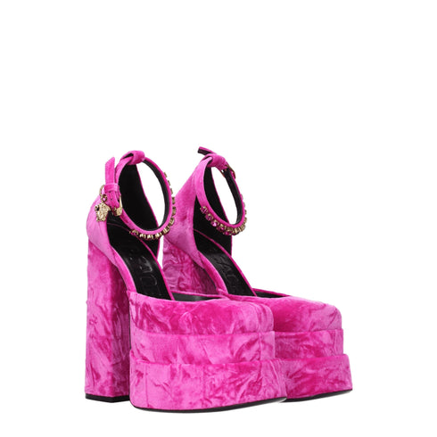 Versace Pink Velvet Platform Sandals with Medusa Charm and Rhinestone Detail - Women’s