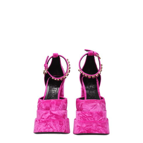 Versace Pink Velvet Platform Sandals with Medusa Charm and Rhinestone Detail - Women’s