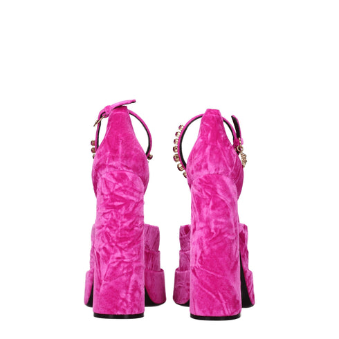 Versace Pink Velvet Platform Sandals with Medusa Charm and Rhinestone Detail - Women’s